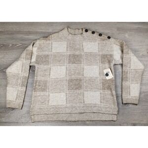 Retrology Women's XL Pullover Sweater Checkered Browns‎ Button Design NWT